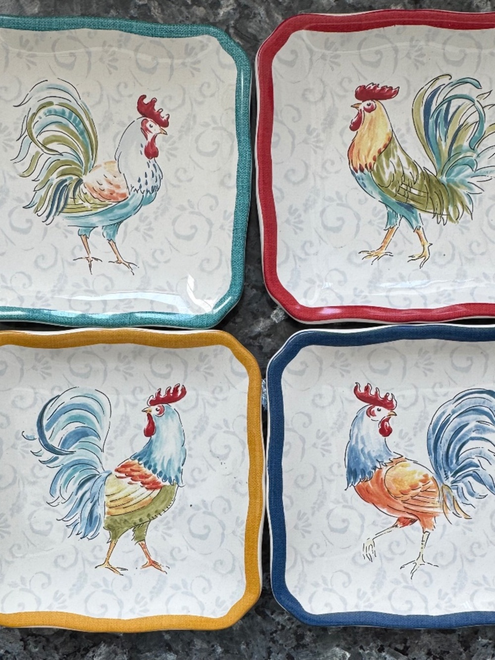 4 Banty Rooster Chicken Farm Decor Square Color Dishes Certified International